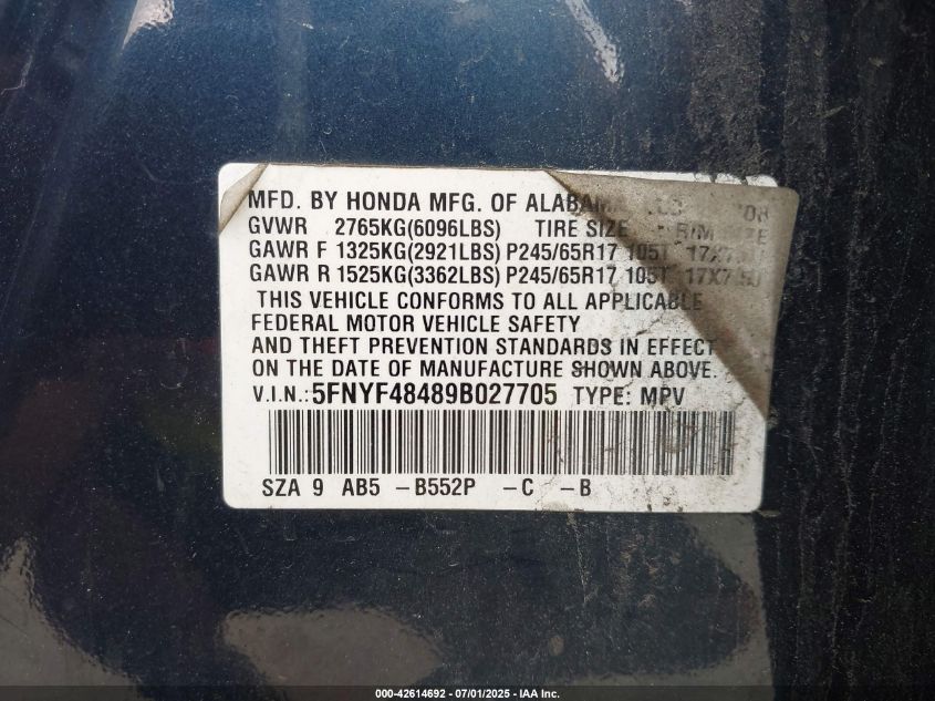 2009 Honda Pilot Ex VIN: 5FNYF48489BO27705 Lot: 42614692