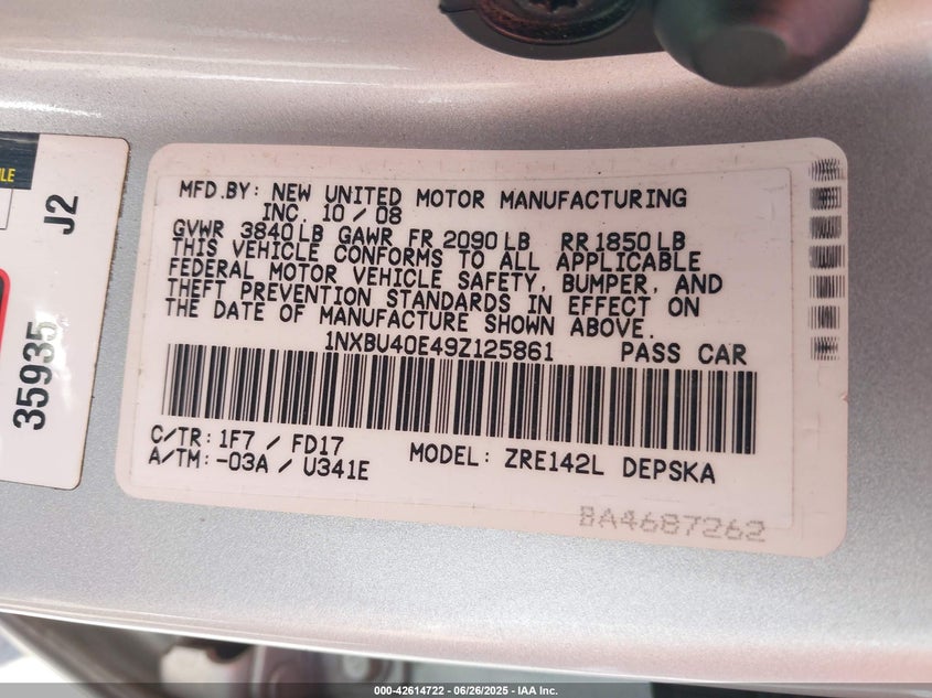 2009 TOYOTA COROLLA VIN: 1NXBU40E49Z125861