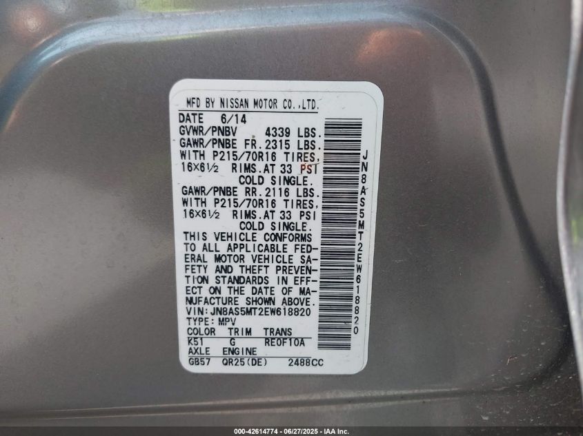 2014 Nissan Rogue Select S VIN: JN8AS5MT2EW618820 Lot: 42614774