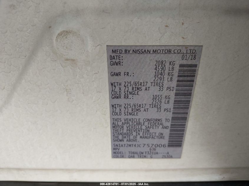 2018 Nissan Rogue Sv VIN: 5N1AT2MT4JC757006 Lot: 42614781