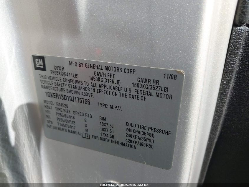 2009 GMC Acadia Sle-1 VIN: 1GKER13D19J175756 Lot: 42614851
