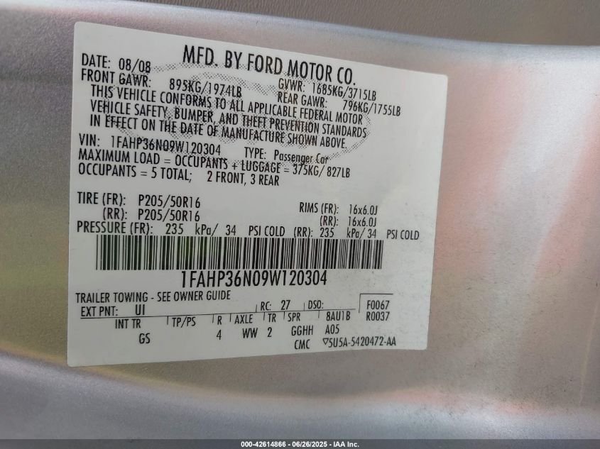 2009 Ford Focus Ses VIN: 1FAHP36N09W120304 Lot: 42614866