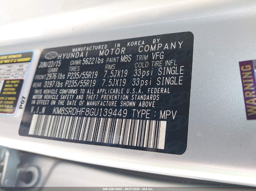 2016 Hyundai Santa Fe Limited VIN: KM8SRDHF8GU139449 Lot: 42614949