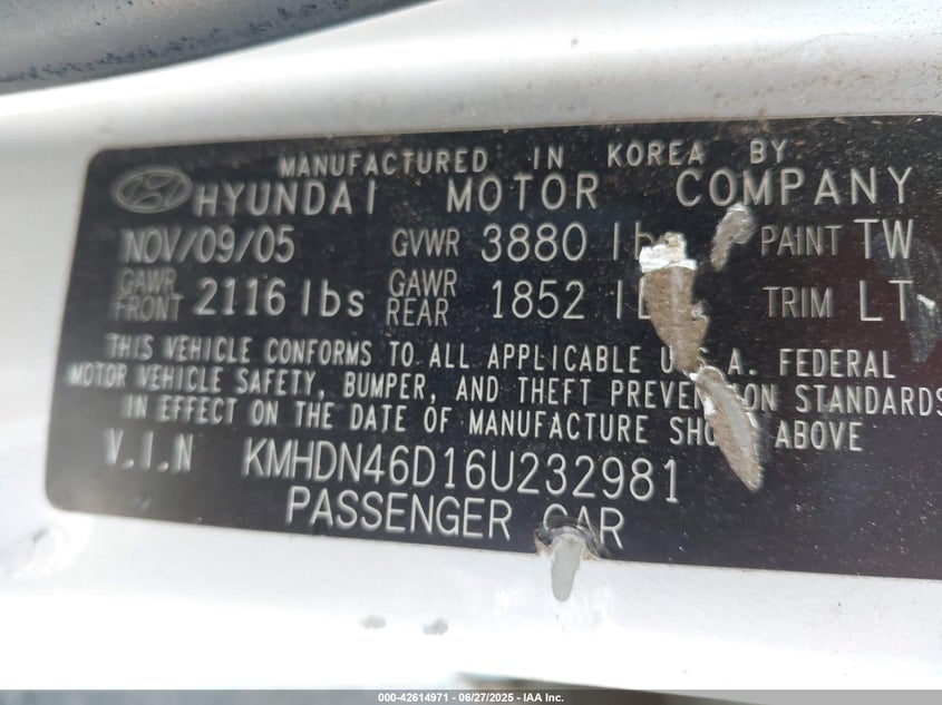 2006 HYUNDAI ELANTRA VIN: KMHDN46D16U232981