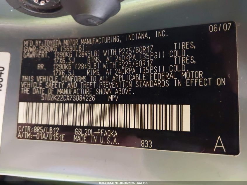 2007 Toyota Sienna Xle/Xle Limited VIN: 5TDZK22CX7S084226 Lot: 42614978