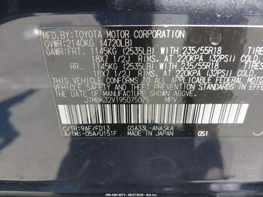 2009 Toyota Rav4 Sport V6 VIN: JTMBK32V195075075 Lot: 42615073