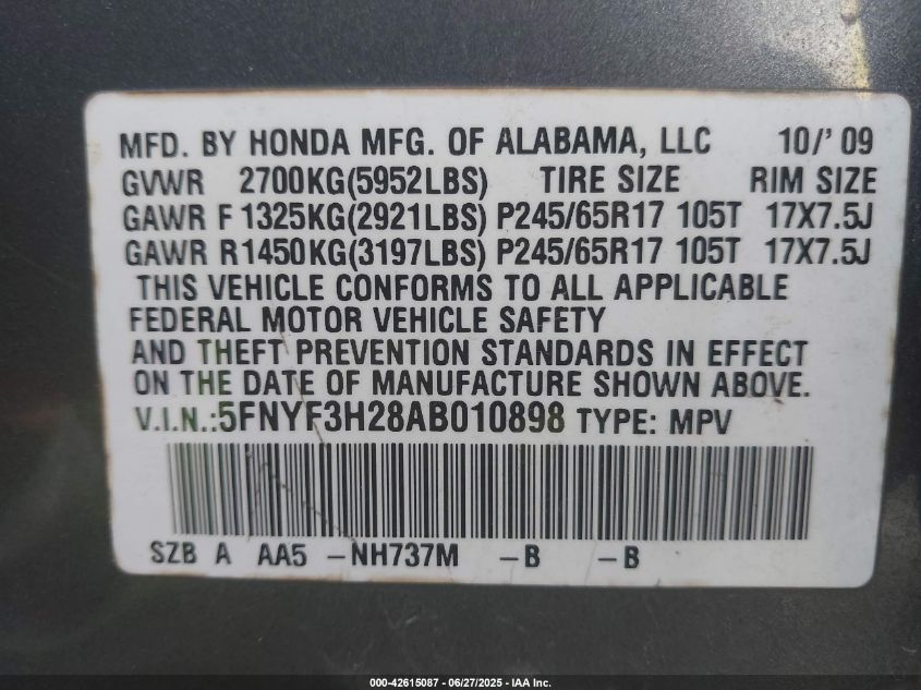 2010 Honda Pilot Lx VIN: 5FNYF3H28AB010898 Lot: 42615087