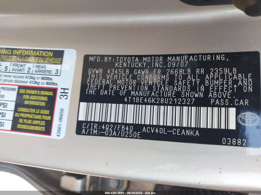 2008 Toyota Camry Le VIN: 4T1BE46K28U212327 Lot: 42615091