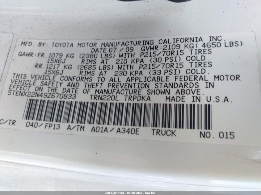 2009 Toyota Tacoma VIN: 5TENX22N49Z670833 Lot: 42615184