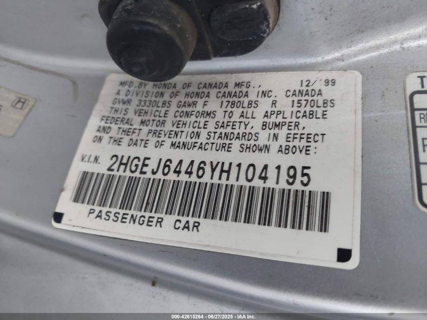 2000 Honda Civic Dx VIN: 2HGEJ6446YH104195 Lot: 42615264