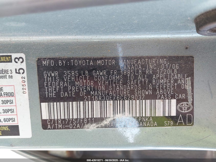 2006 Toyota Corolla VIN: 2T!BR30E76C629037 Lot: 42615271