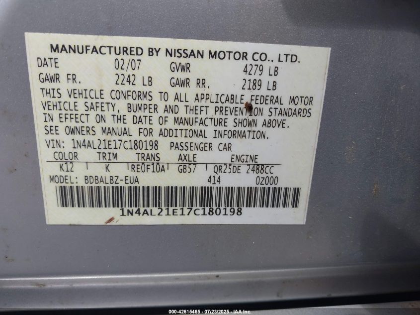 2007 Nissan Altima 2.5 S VIN: 1N4AL21E17C180198 Lot: 42615465