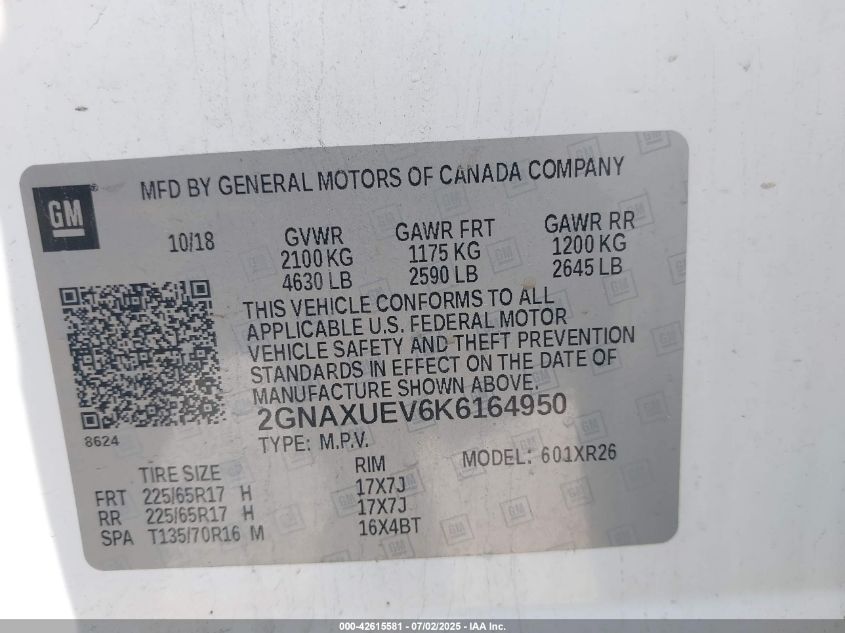 2019 Chevrolet Equinox Lt VIN: 2GNAXUEV6K6164950 Lot: 42615581