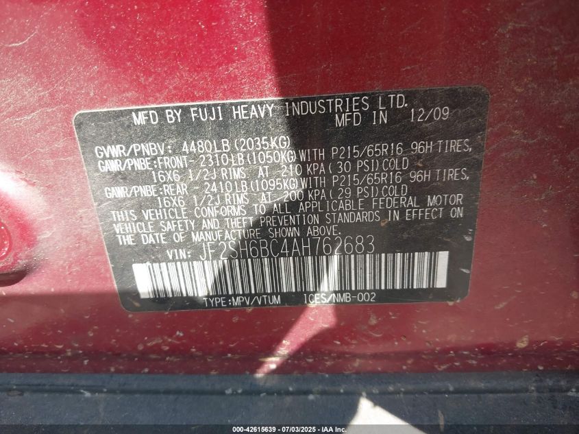 2010 Subaru Forester 2.5X VIN: JF2SH6BC4AH762683 Lot: 42615639
