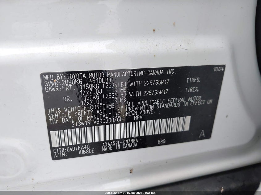 VIN 2T3W1RFV9RC300760 2024 TOYOTA RAV4 XLE