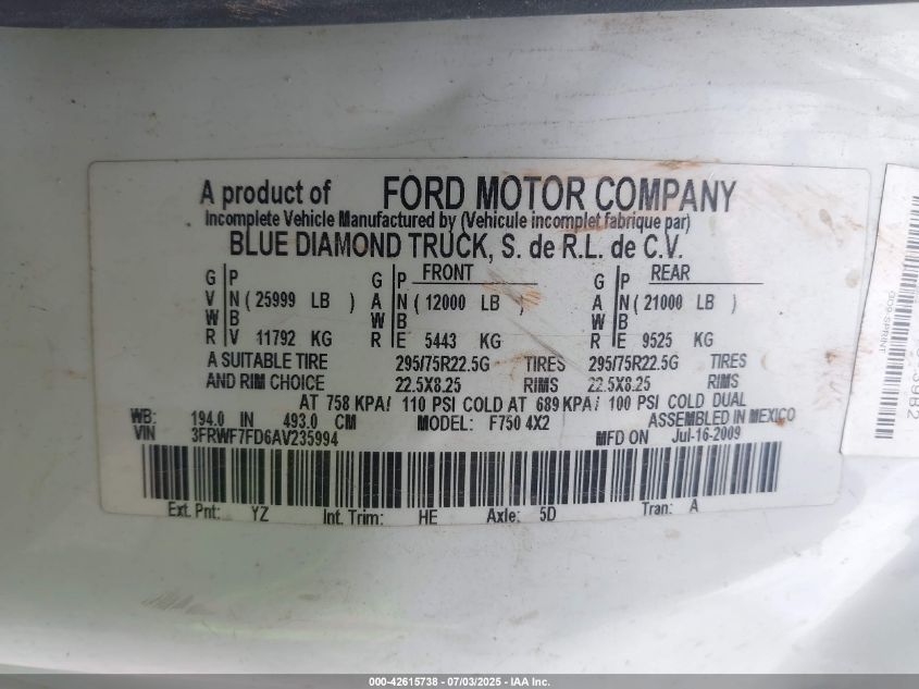 2010 Ford F-750 Xl/Xlt VIN: 3FRWF7FD6AV235994 Lot: 42615738