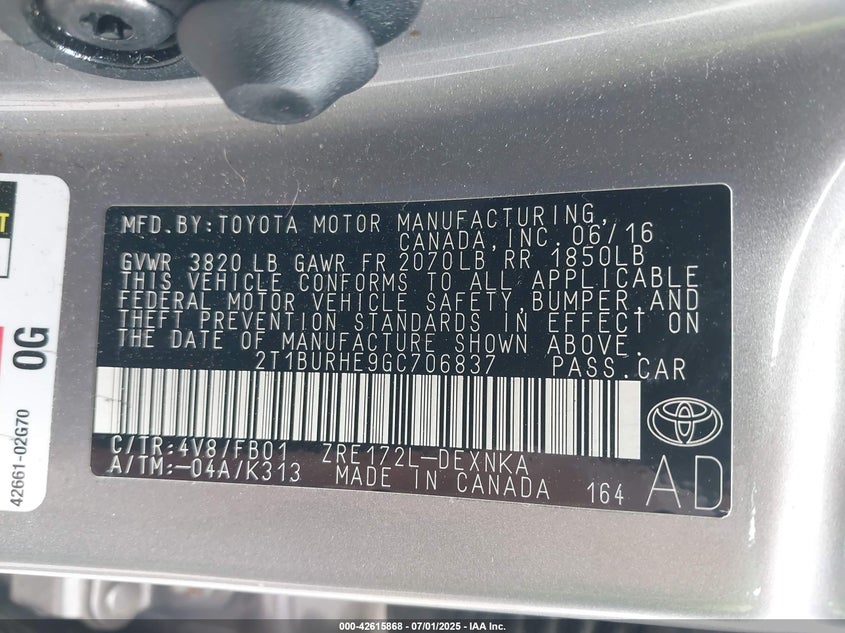 2016 Toyota Corolla L/Le/Le Pls/Prm/S/S Pls VIN: 2T1BURHE9GC706837 Lot: 42615868