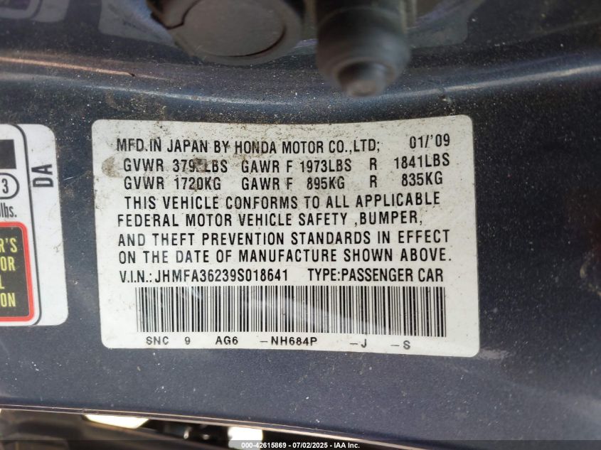 2009 Honda Civic Hybrid VIN: JHMFA36239S018641 Lot: 42615869