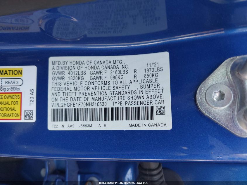 2022 Honda Civic Ex VIN: 2HGFE1F70NH310630 Lot: 42616011