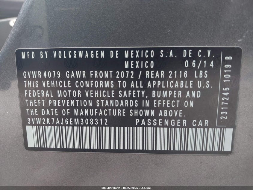 2014 VOLKSWAGEN JETTA 2.0L S - 3VW2K7AJ6EM308312