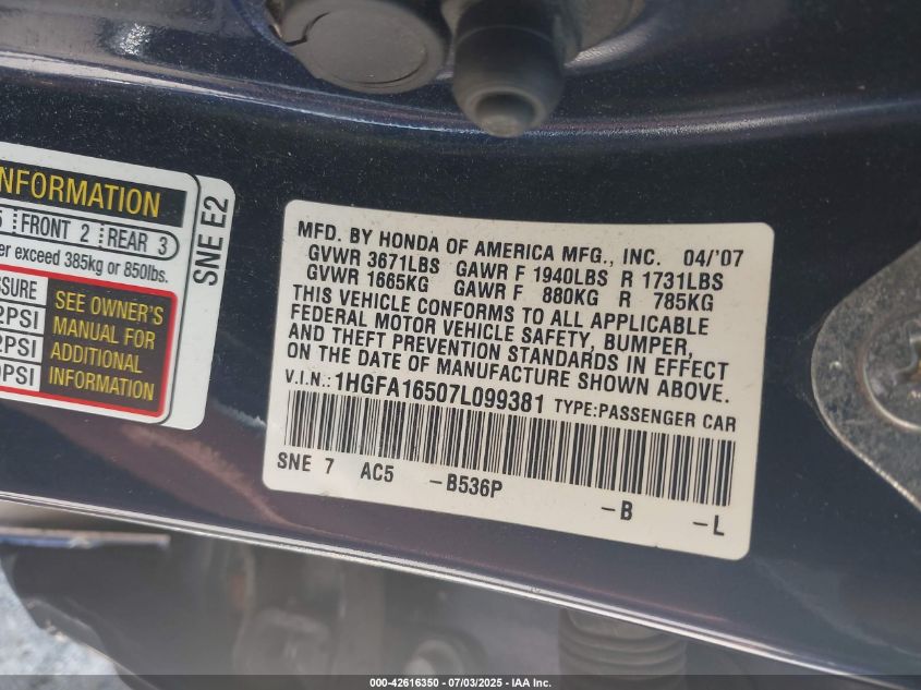 2007 Honda Civic Lx VIN: 1HGFA16507L099381 Lot: 42616350