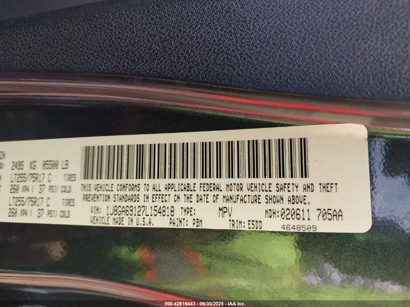 2007 Jeep Wrangler Unlimited Rubicon VIN: 1J8GA69127L154818 Lot: 42616443