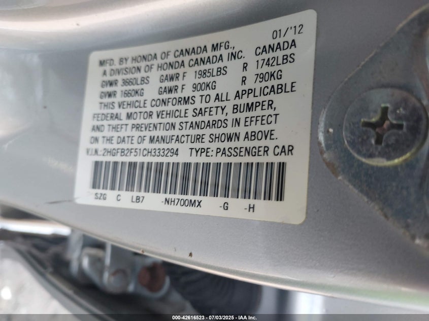 2012 HONDA CIVIC VIN: 2HGFB2F51CH333294