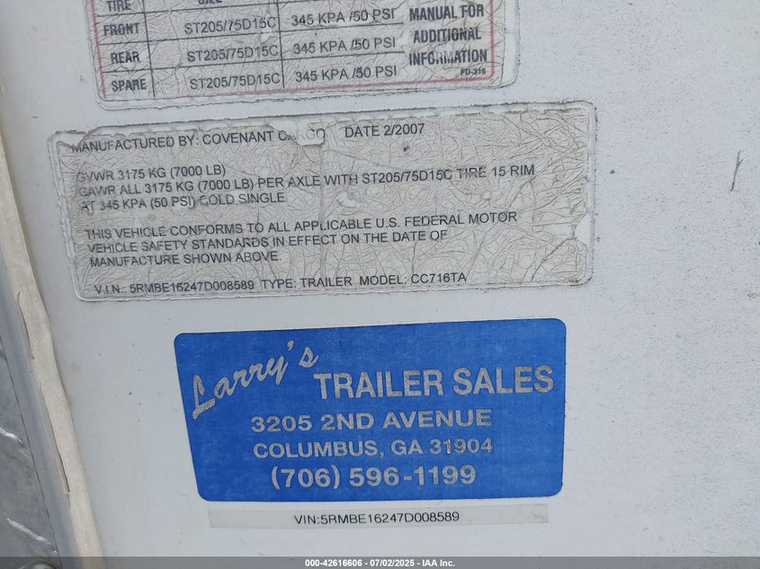 2007 OTHER TRAILER COVENANT 7X16 N/A N/A