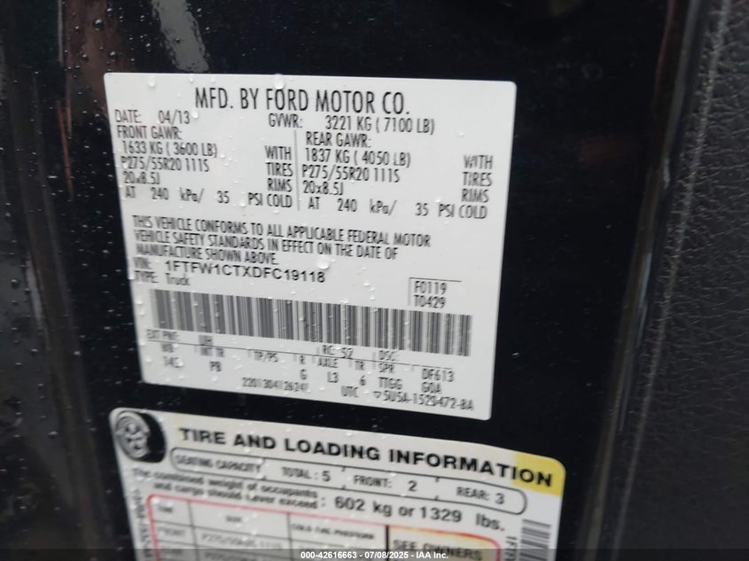 2013 FORD F-150 VIN: 1FTFW1CTXDFC19118