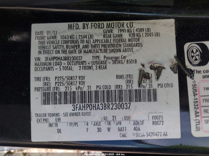 2011 Ford Fusion Se VIN: 3FAHP0HA3BR230037 Lot: 42616876