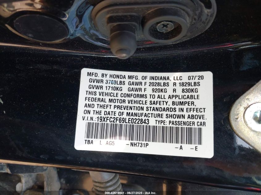 2020 Honda Civic Lx VIN: 19XFC2F69LE022843 Lot: 42616941