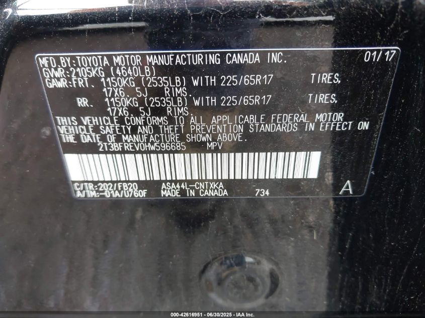 2017 Toyota Rav4 Le VIN: 2T3BFREV0HW596685 Lot: 42616951