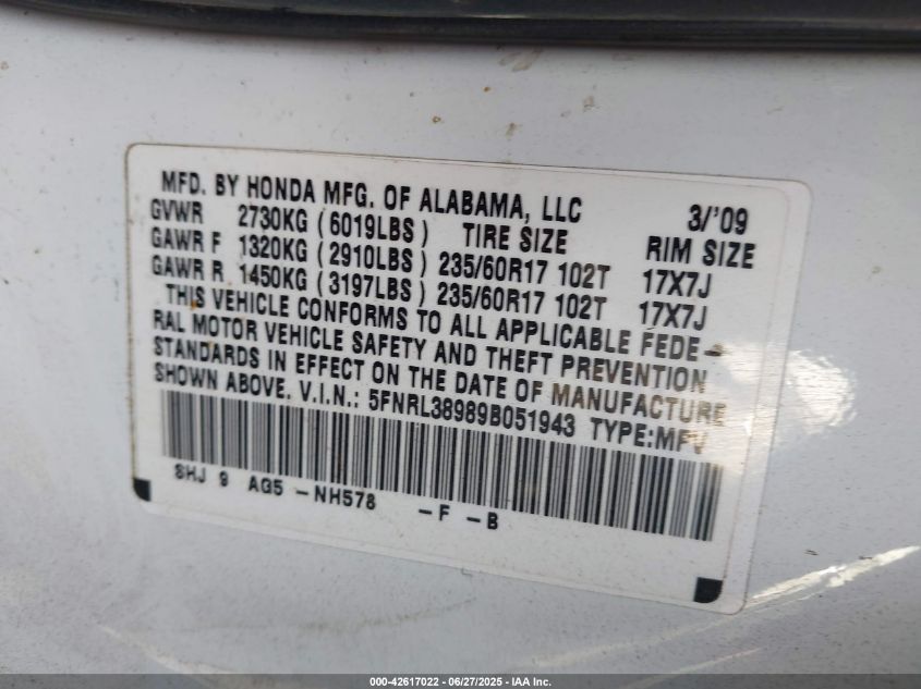 2009 Honda Odyssey Touring VIN: 5FNRL38989B051943 Lot: 42617022