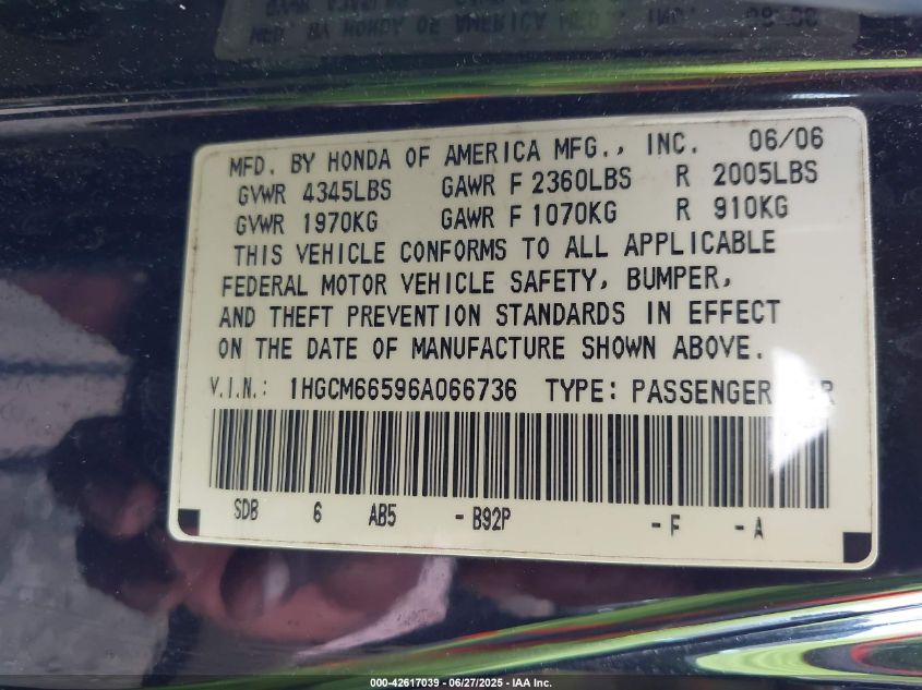 2006 Honda Accord 3.0 Ex VIN: 1HGCM66596A066736 Lot: 42617039