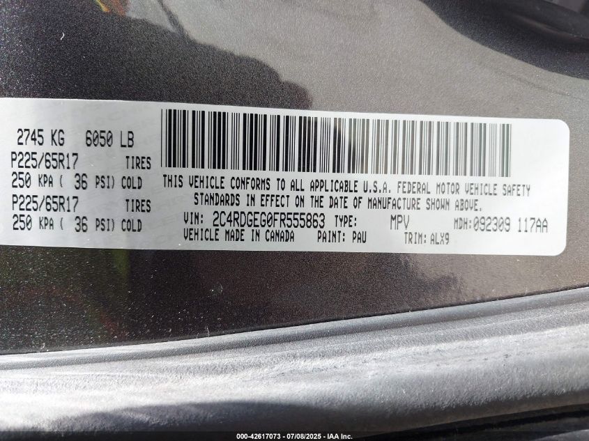 2015 Dodge Grand Caravan R/T VIN: 2C4RDGEG0FR555863 Lot: 42617073