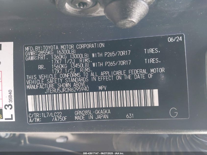 2024 Toyota 4Runner Trd Off Road Premium VIN: JTERU5JR2R629594 Lot: 42617147