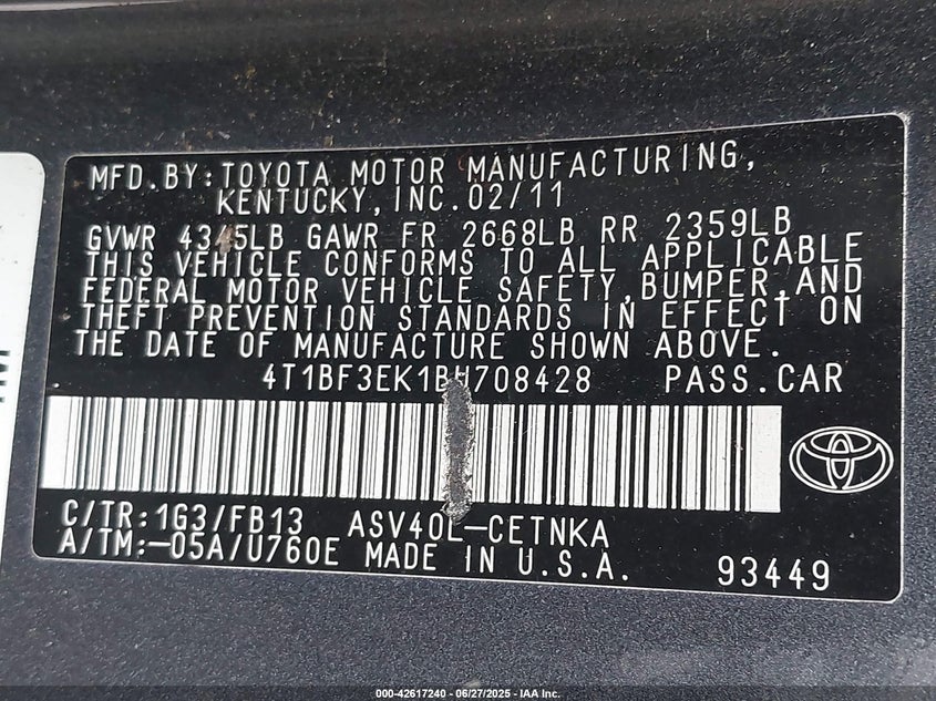 2011 TOYOTA CAMRY VIN: 4T1BF3EK1BU708428