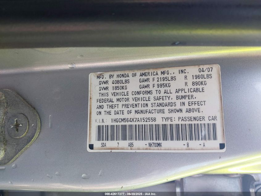 2007 Honda Accord 2.4 Lx VIN: 1HGCM564X7A152558 Lot: 42617277