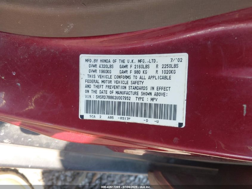 2002 Honda Cr-V Ex VIN: SHSRD78862U007952 Lot: 42617289