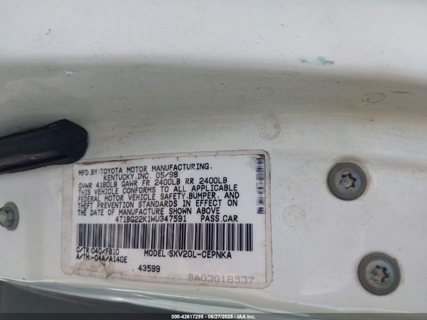 1998 Toyota Camry Le VIN: 4T1BG22K1WU347591 Lot: 42617299