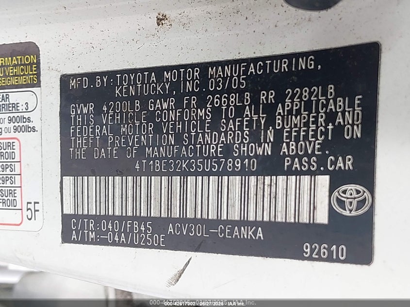 2005 Toyota Camry Le VIN: 4T1BE32K35U578910 Lot: 42617302