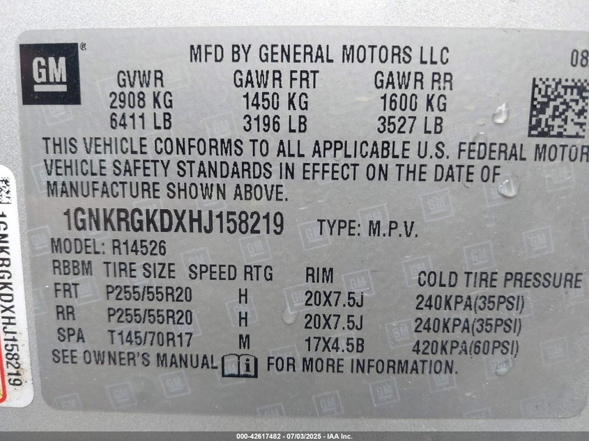 2017 Chevrolet Traverse 1Lt VIN: 1GNKRGKDXHJ158219 Lot: 42617482