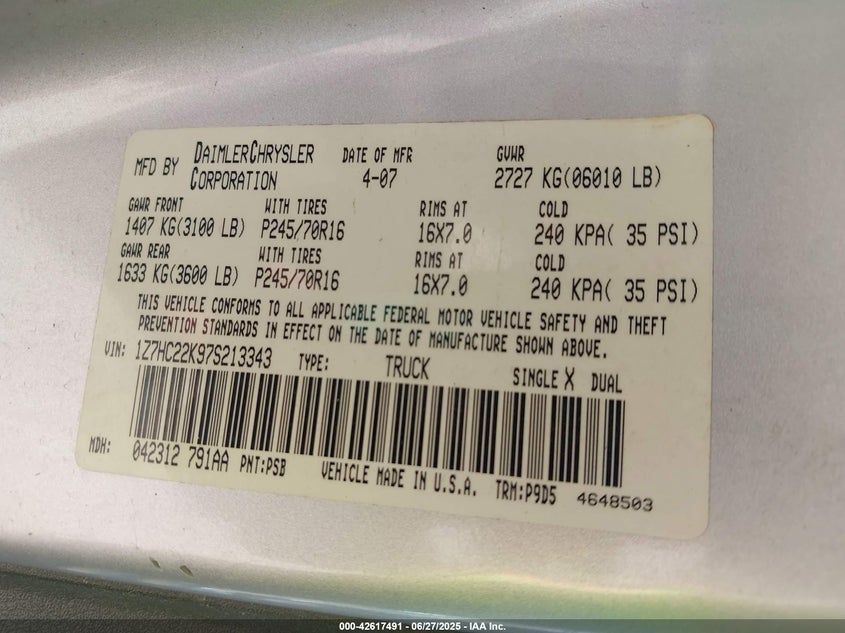 2007 Mitsubishi Raider Ls VIN: 1Z7HC22K97S213343 Lot: 42617491