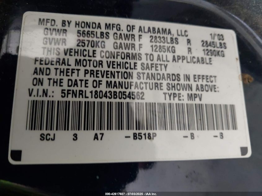 2003 Honda Odyssey Exl VIN: 5FNRL18043B054562 Lot: 42617607