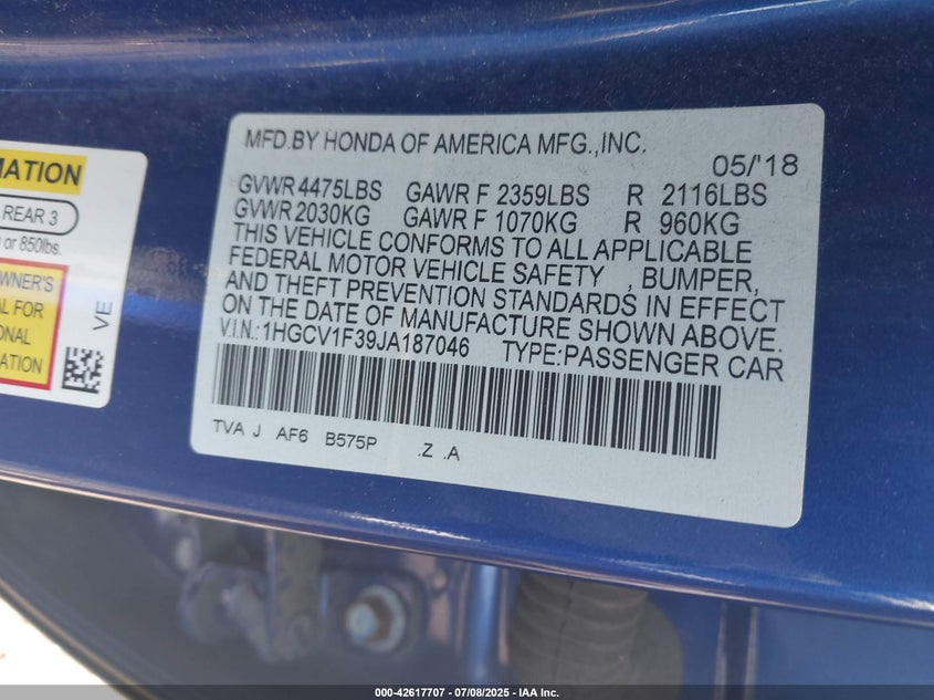 2018 HONDA ACCORD SPORT - 1HGCV1F39JA187046