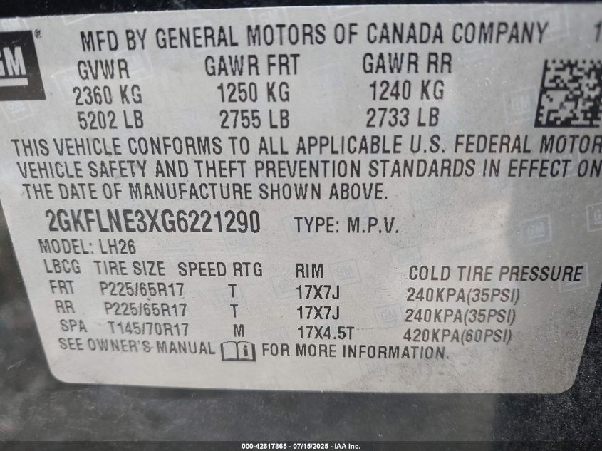 2016 GMC Terrain Sle-2 VIN: 2GKFLNE3XG6221290 Lot: 42617865