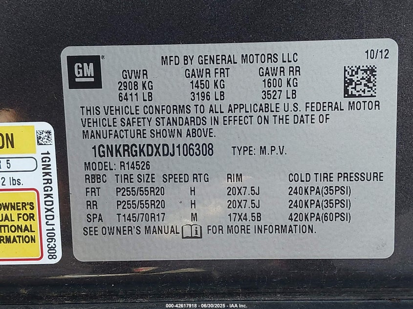 2013 Chevrolet Traverse 1Lt VIN: 1GNKRGKDXDJ106308 Lot: 42617918