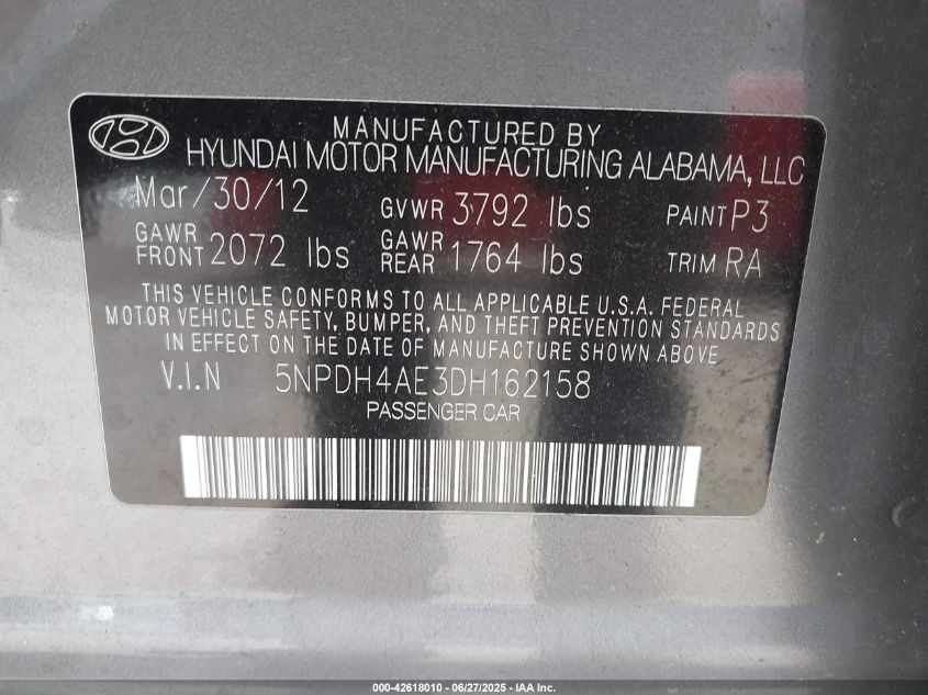 2013 Hyundai Elantra Gls VIN: 5NPDH4AE3DH162158 Lot: 42618010