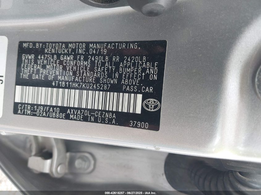 2019 Toyota Camry Le VIN: 4T1B11HK7KU245287 Lot: 42618257