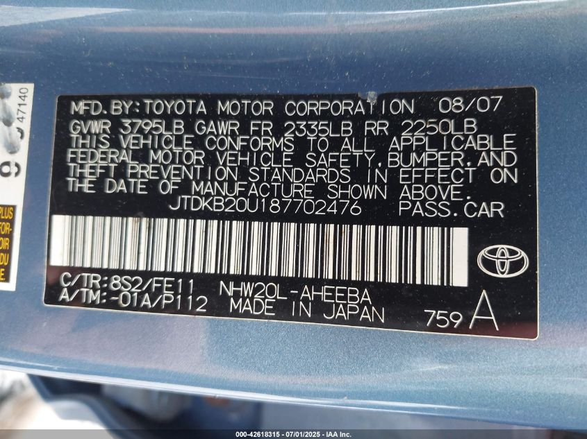 2008 Toyota Prius Touring VIN: JTDKB20U187702476 Lot: 43423711